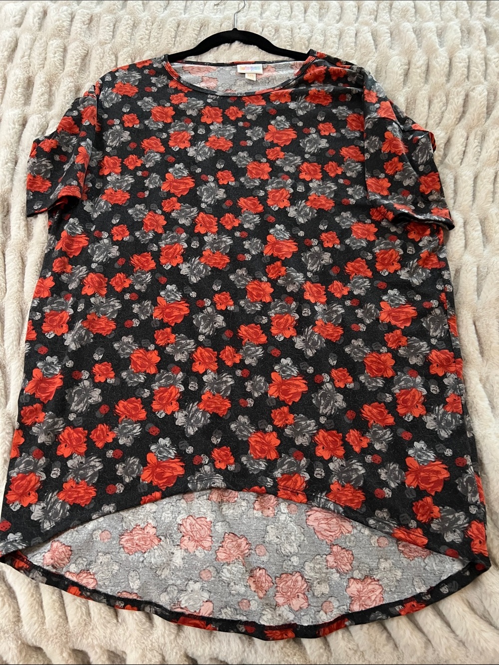 LuLaRoe Black Tunic with Red Rose Print